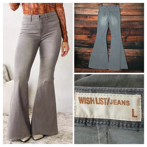 Wishlist Jeans Size L High Rise Super Flare Bell Bottom Gray Denim Stretch - Picture 1 of 9